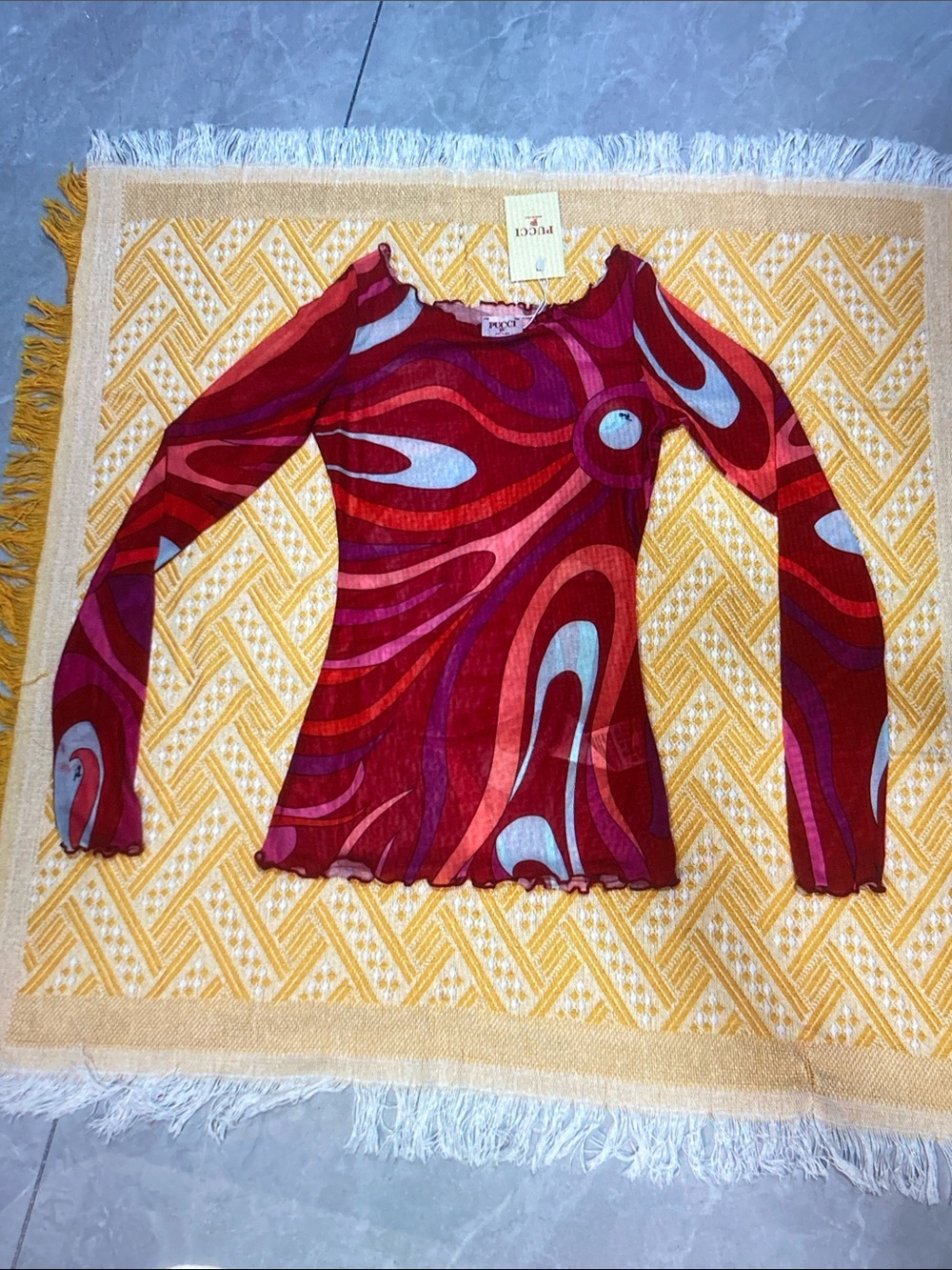 -Inspired Red Swirl Long-Sleeve Mesh Top - Picture 5 of 10